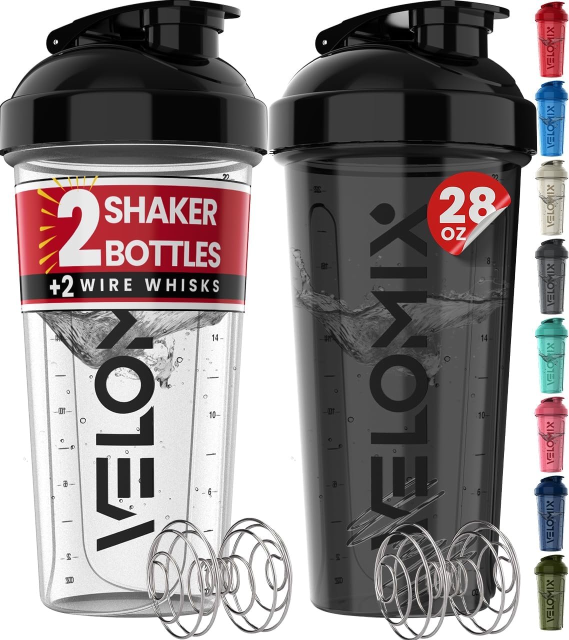 71gz8Q2tRiL._AC_SL1280_.jpg VELOMIX 2 Pack 28oz Protein Shaker Bottle for Protein Mixes, Black/Transpar | 2x Wire Whisk, Leak Proof Shaker Cups for Protein Shakes, Stackable, Dishwasher safe, BPA free, Pre Workout and Fitness ready - Image 1