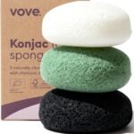 Vove Organic Konjac Facial Sponges 3-Pack - Natural Face Exfoliating Sponges with Bamboo Charcoal & Green Clay, Gentle Cleansing for All Skin Types, Natural Vegan Skincare, Certified Organic