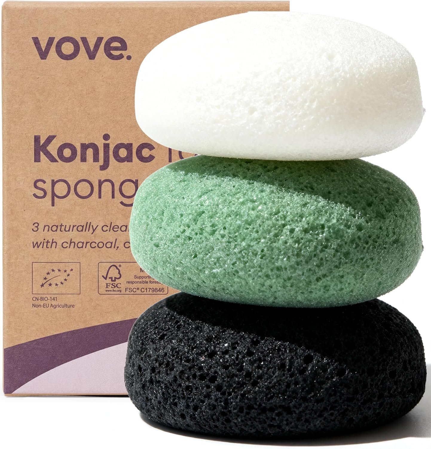 81FTvxEp5oL._AC_SL1500_.jpg Vove Organic Konjac Facial Sponges 3-Pack - Natural Face Exfoliating Sponges with Bamboo Charcoal & Green Clay, Gentle Cleansing for All Skin Types, Natural Vegan Skincare, Certified Organic - Image 1