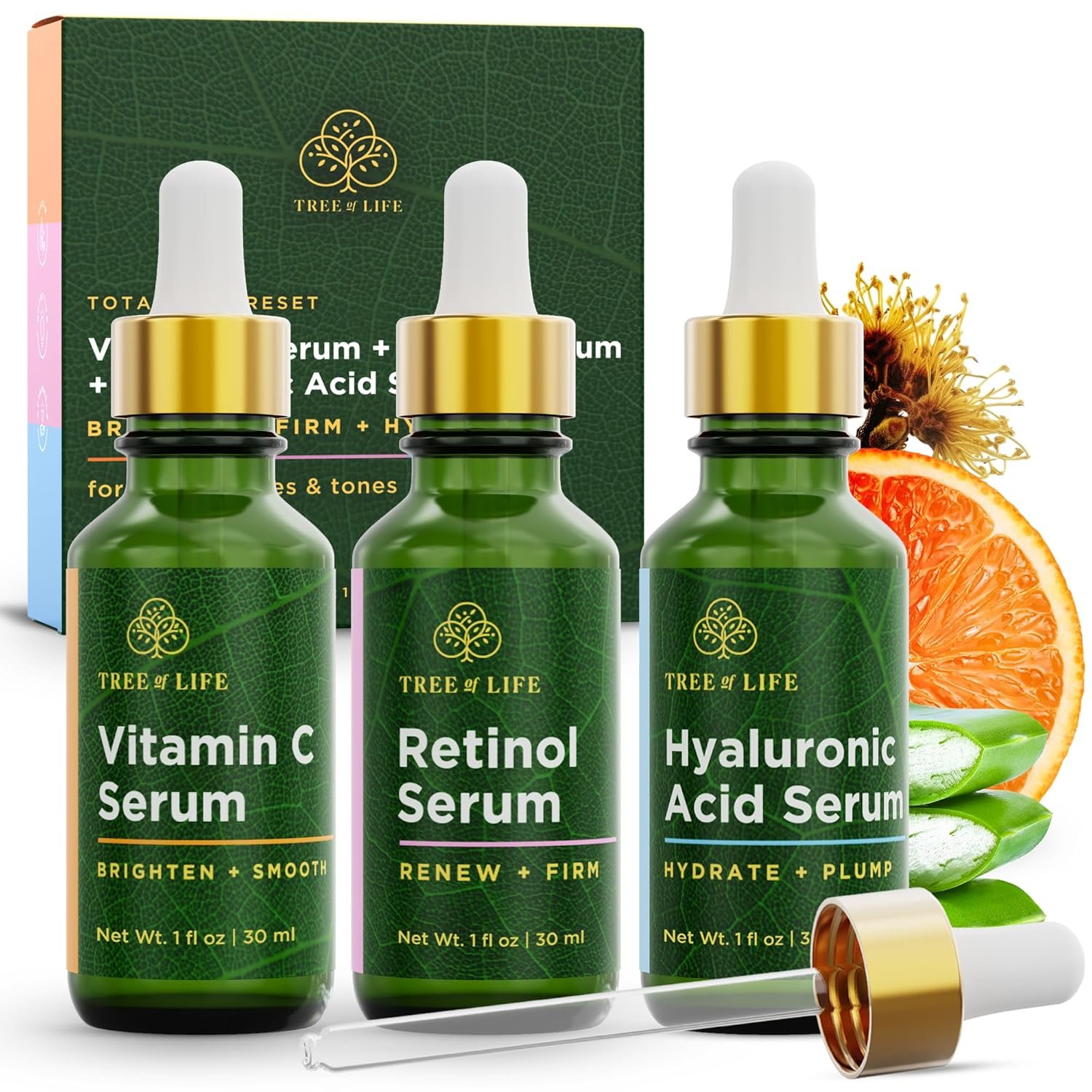 81I3EyYzdaL._SL1500_.jpg Tree of Life Face Serum Set - Vitamin C, Retinol & Hyaluronic Acid for Brightening, Firming & Hydrating - Anti Aging Skin Care Set - Dermatologist Tested - 1 Fl Oz (Pack of 3) - Image 1