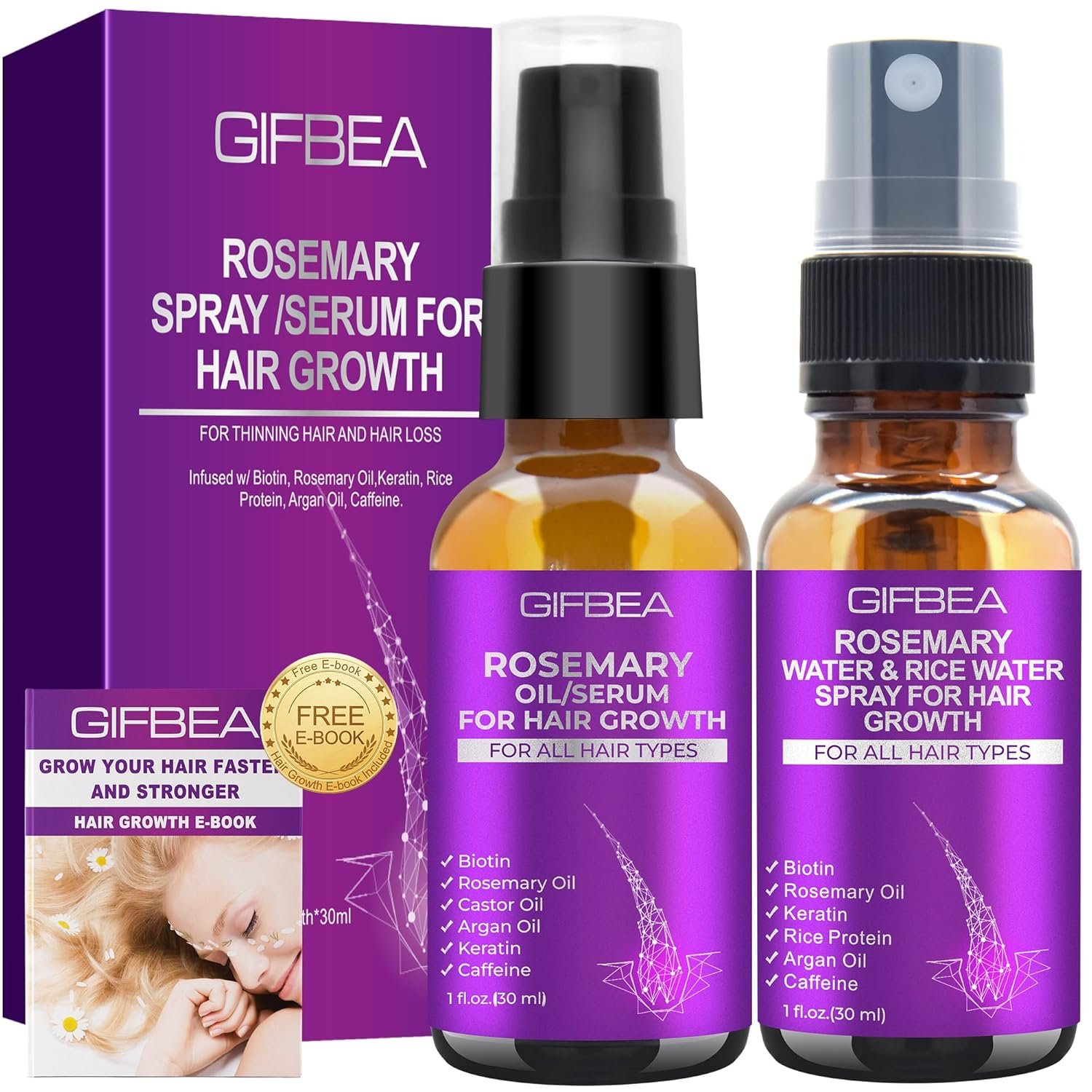 81lUXErfUbL._SL1500_.jpg Rosemary Oil Hair Growth Serum W/Rosemary Water & Rice Water Spray Hair Growth,Biotin Castor Oil Argan Oil Caffeine Keratin Reduce Hair Loss,Restore Dry Damaged Hair Regrowth Treatments for Women Men - Image 1