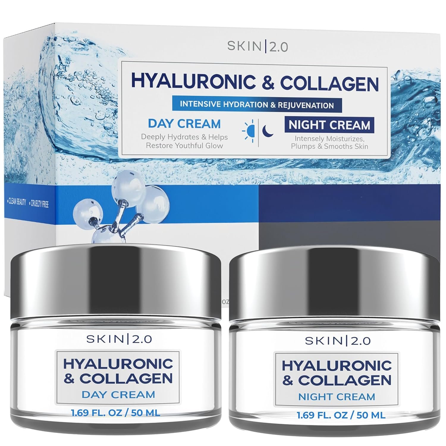 81tlNhf5reL._SL1500_.jpg Skin 2.0 Hyaluronic Acid & Collagen Face Moisturizer – Deep Hydration & Firming Cream for Smooth, Youthful Look – Dermatologist Tested, Korean Skin Care Set, Vegan, Clean Beauty – Day & Night Duo - Image 1