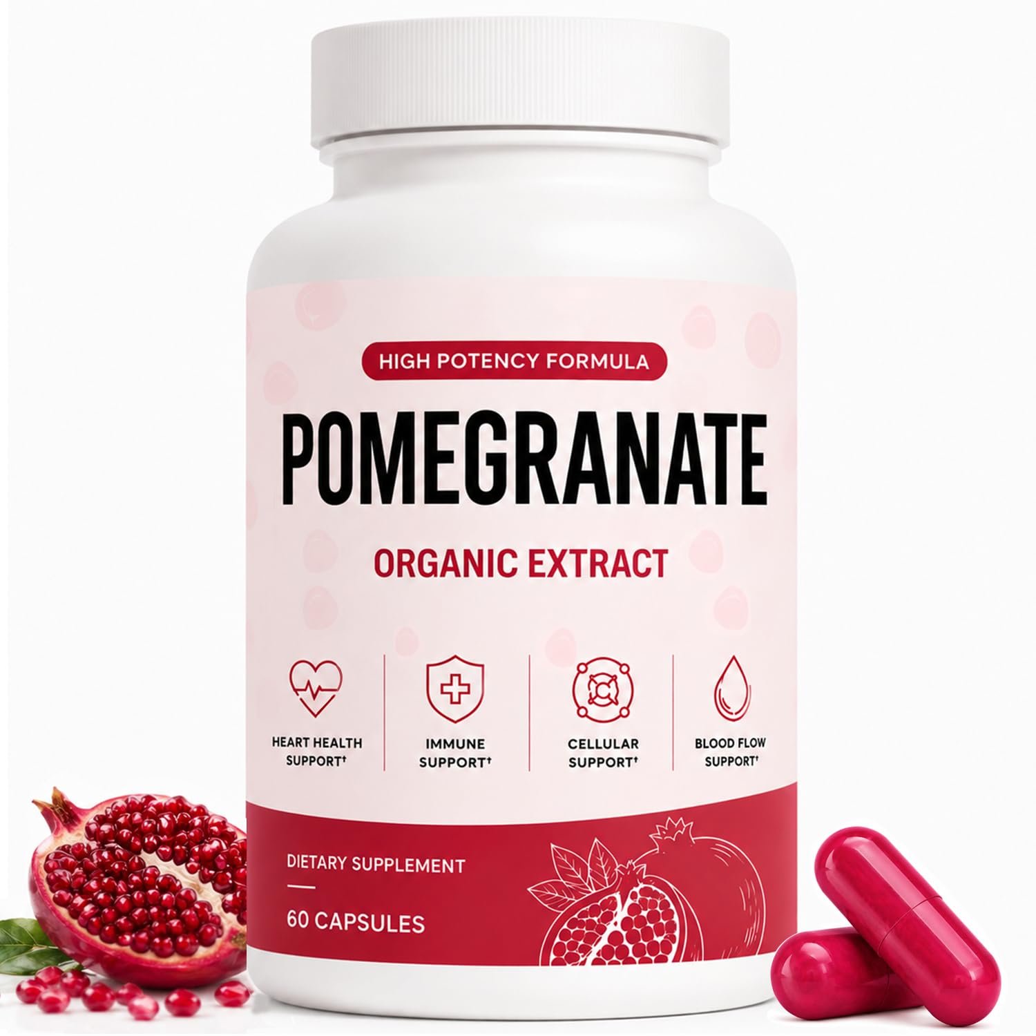 61FZVz3dxfL._SL1500_.jpg Organic Pomegranate Extract Capsules, Pomegranate Supplement with Naturally Occurring Polyphenols, Plant-Based Daily Wellness Formula, Non-GMO & Gluten Free, 60 Vegan Capsules - Image 1