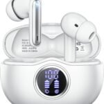 Wireless Earbuds, Bluetooth 5.3 Headphones HiFi Stereo 50H Playback LED Digital Display Ear Buds with ENC Noise Canceling Headset, IPX7 Waterproof Earphones for Gym/Running/Work（White）