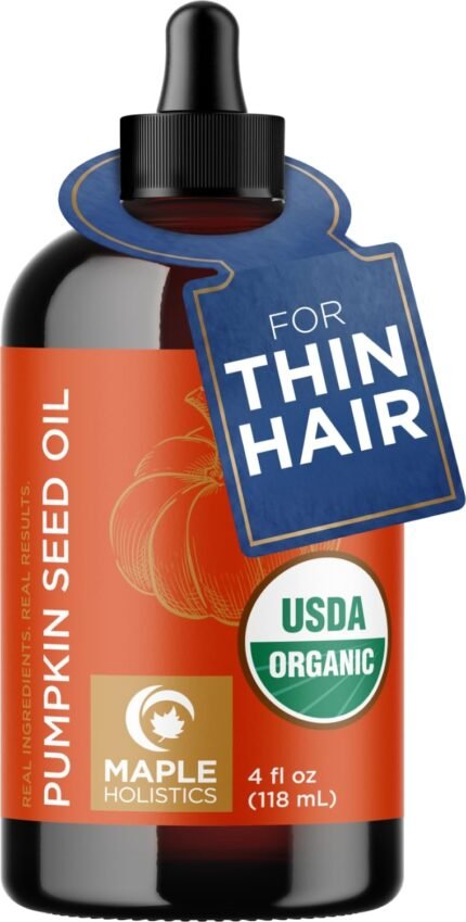 Maple Holistics Pumpkin Seed Oil Organic Certified - 100% Pure Organic Pumpkin Seed Oil for Hair and Anti Aging Face Oil - USDA Organic for Dry Hair and Volume - Virgin Cold Pressed & Unrefined (4oz)