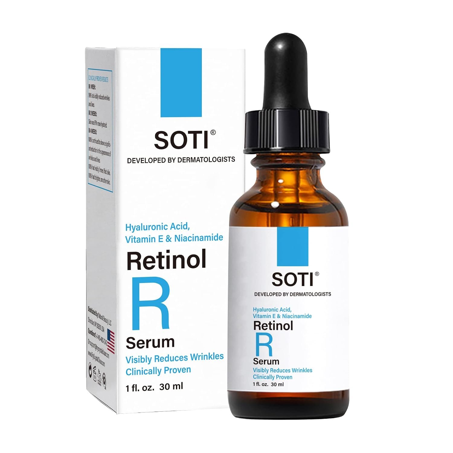 7126EtEI5PL._SL1500_.jpg Retinol Face Serum, Reduces Wrinkles, Age Spots, Post-Acne Marks. Stimulates Collagen, Firm Skin, Anti Aging with Hyaluronic Acid, Niacinamide (30ml) Soti - Image 1