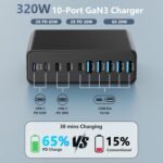 320W USB C Charger Block, MGRNPONY 10-Port GaN USB C Charging Station Black | PD 65W Laptop Fast Charger Adapter for MacBook Pro/Air, DELL, iPad, iPhone, Samsung Galaxy - Image 2