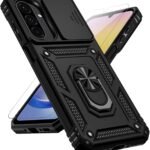 for Samsung Galaxy A17 / Galaxy A26 5G Case, with Slide Camera Cover HD Screen Protector [Military Grade Drop Tested] Ring Holder Kickstand Protective Phone Case for Samsung Galaxy A17, Black