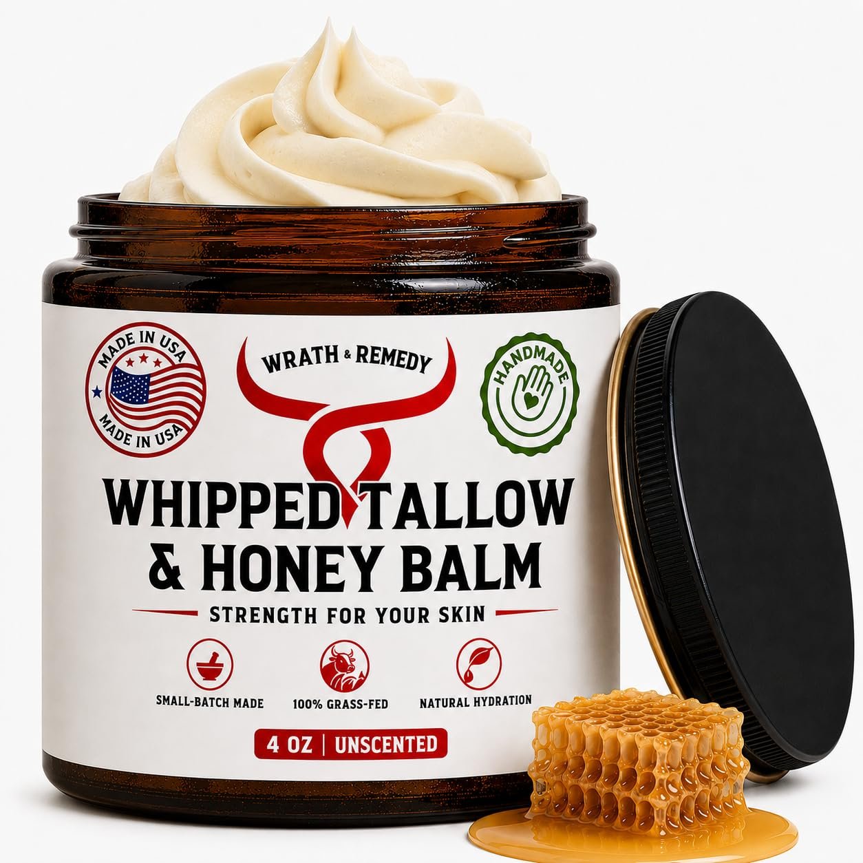 71OkE1FizGL._SL1254_.jpg Organic Beef Tallow for Skin & Face - Whipped Honey Balm, Unscented (4 OZ) | Whipped Beef Tallow Moisturizer for Face and Body, Grass Fed Honey Tallow Balm, Unscented, Eczema and Rosacea Relief - Image 1