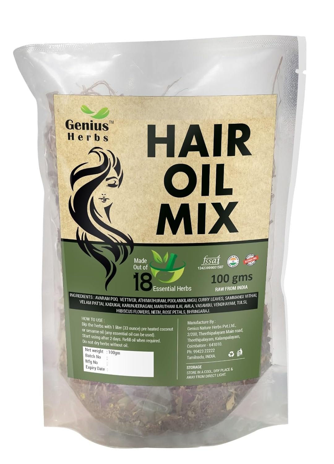 71ngiERB4L._SL1500_.jpg Herbal Hair Oil Mix with 18 Ayurvedic Herbs for Hair Growth | Instant Premix for DIY Hair Oil Infusion | Supports Long, Thick & Healthy Hair | Hair Care for Women & Men | 100 g - Image 1