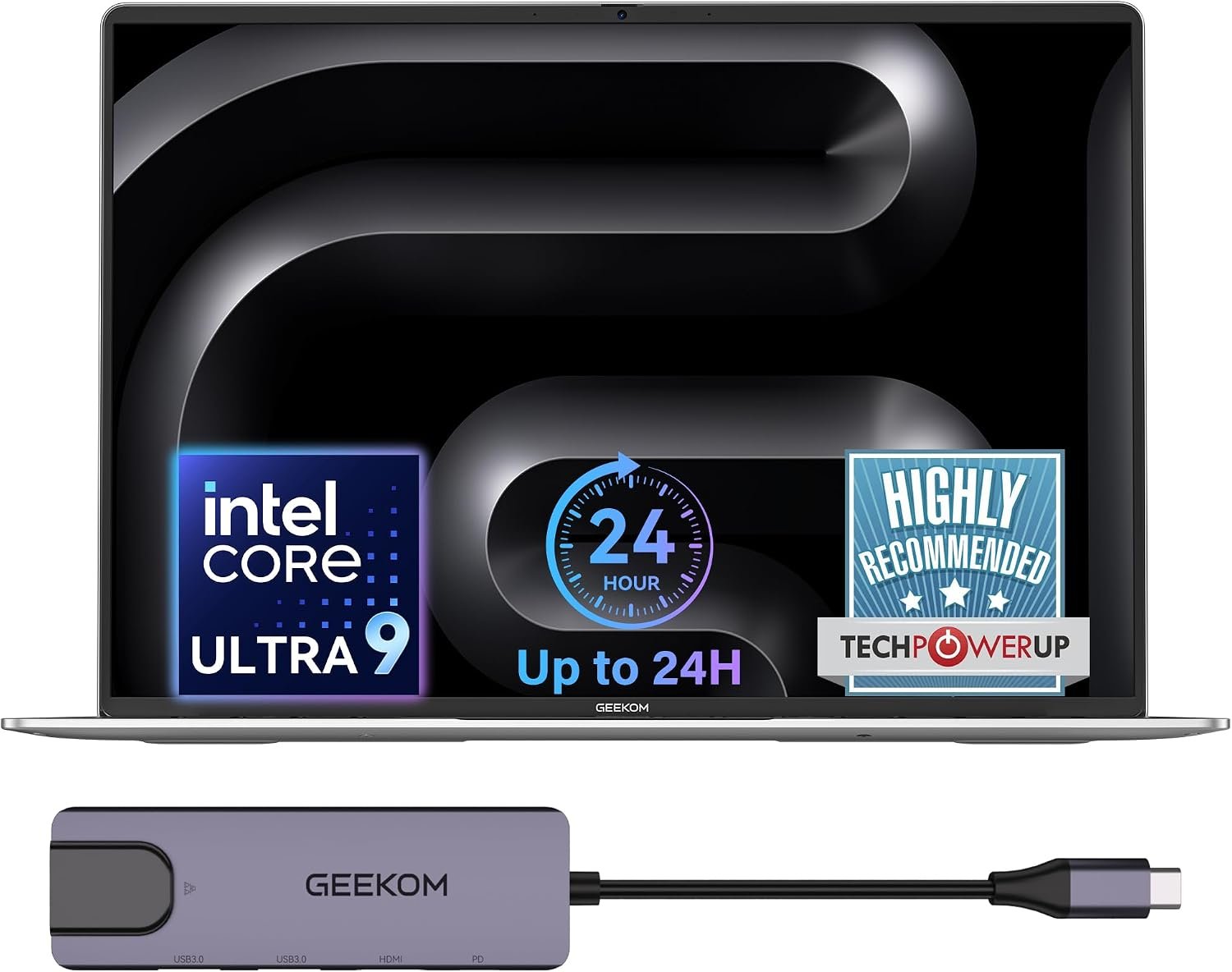 71s1biFmaCL._AC_SL1500_.jpg GEEKOM GeekBook M16 Laptop, Up to 24H, 55W Sustained Power Ultra 9 Notebook | 16" IPS Display, 16GB LPDDR5, 512GB SSD, 180° Lay-Flat, Dual-Fan, 100W PD Charging, Fingerprint, Privacy Shutter, Windows 11 - Image 1