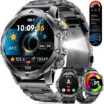 1.53'' Smart Watches for Men with 1000mAh Battery/Flashlight, Military Smart Watch with 120+ Sports Modes, Heart Rate/Sleep Monitor/IP68 Waterproof, Fitness Tracker for Android iOS, Black