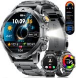 1.53'' Smart Watches for Men with 1000mAh Battery/Flashlight, Military Smart Watch with 120+ Sports Modes, Heart Rate/Sleep Monitor/IP68 Waterproof, Fitness Tracker for Android iOS, Black