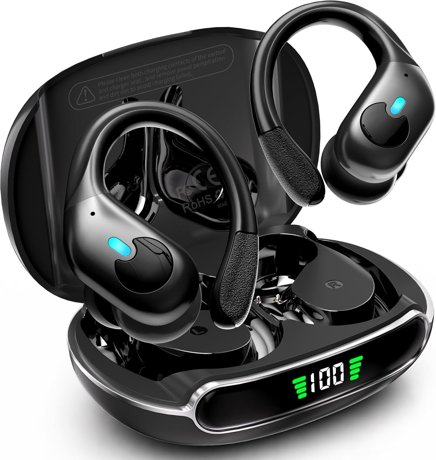 81ppNw5A-UL._AC_SL1500_.jpg Active Noise Cancelling Ear Buds Wireless Earbuds 90H Playtime Bluetooth Headphones Stereo Bass Over-Ear Hooks Earphones with Power Display Case IPX7 Waterproof Headset for Workout/Running, Black - Image 1
