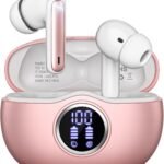 Wireless Earbuds, Bluetooth 5.3 Headphones HiFi Stereo 50H Playback LED Digital Display Ear Buds with ENC Noise Canceling Headset, IPX7 Waterproof Earphones for Gym/Running/Work（Rose Gold）