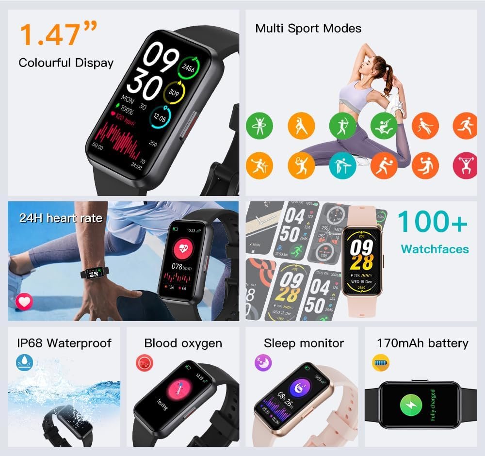 61SoFSyvIsL._AC_SL1000_.jpg Fitness Trackers,Heart Rate Blood Oxygen Sleep Monitor,1.47‘’ OLED Display,Calorie Pedometer Steps Counter Activity watchs,Smart Band 24/7 Health Monitoring(Black) - Image 1