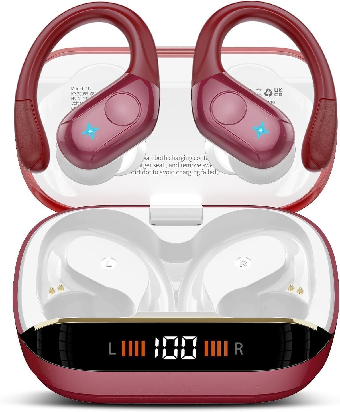 61l2gRwgD9L._AC_SL1445_.jpg Qecnato 75H Sports Wireless Earbuds Bluetooth 5.4 Headphones Stereo, Red - Image 1