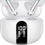 XIAOWTEK Wireless Earbuds, 2026 Bluetooth 5.4 Headphones Bass Stereo Ear Buds with Noise Cancelling Mic, LED Display in Ear Earphones 50H Playtime Ear Buds, IP7 Waterproof for Laptop Pad Phones White