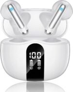 XIAOWTEK Wireless Earbuds, 2026 Bluetooth 5.4 Headphones Bass Stereo Ear Buds with Noise Cancelling Mic, LED Display in Ear Earphones 50H Playtime Ear Buds, IP7 Waterproof for Laptop Pad Phones White