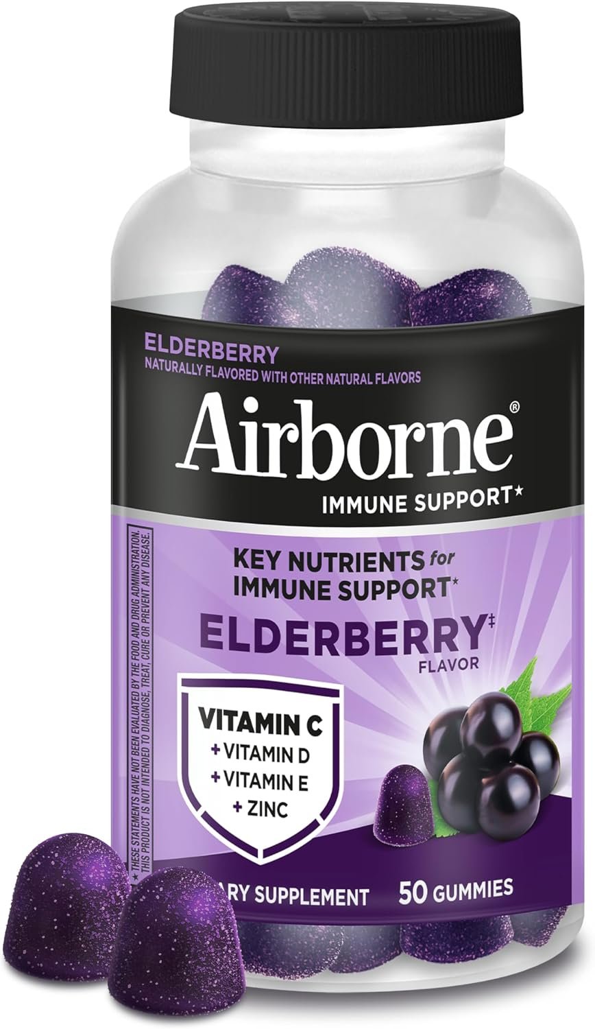 7141tofXGML._AC_SL1500_.jpg Airborne Elderberry + Zinc & Vitamin C Gummies For Adults, Immune Support Vitamin D & Zinc Gummies With Powerful Antioxidant Vitamins C D & E - 50 Gummies, Elderberry Flavor - Image 1