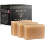 Terra Lotus - Organic Tallow Soap with Organic Castor Oil & Raw Honey - Hydrating & Nourishing - 3 Pack (Unscented)