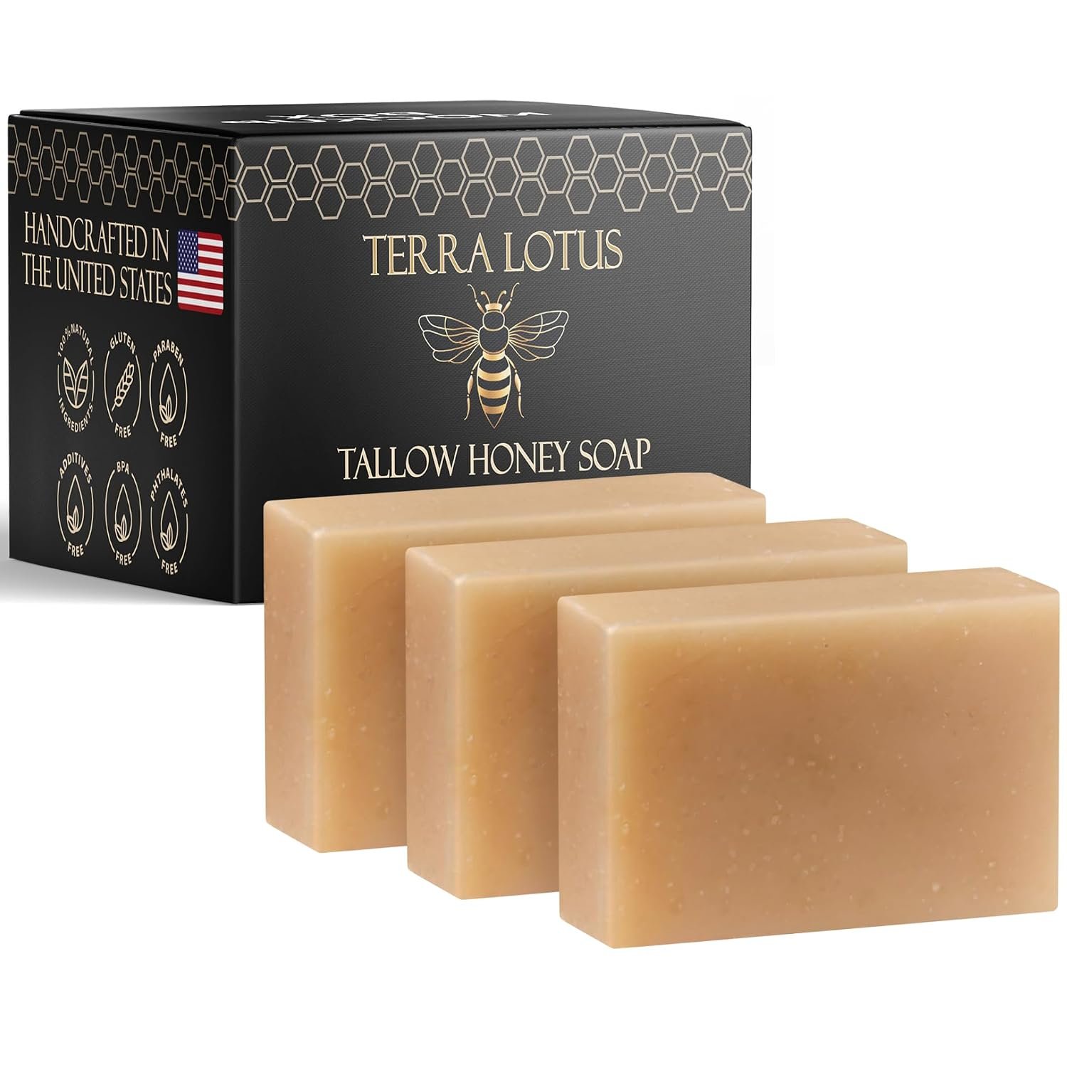 71Wir-5MWIL._SL1500_.jpg Terra Lotus - Organic Tallow Soap with Organic Castor Oil & Raw Honey - Hydrating & Nourishing - 3 Pack (Unscented) - Image 1