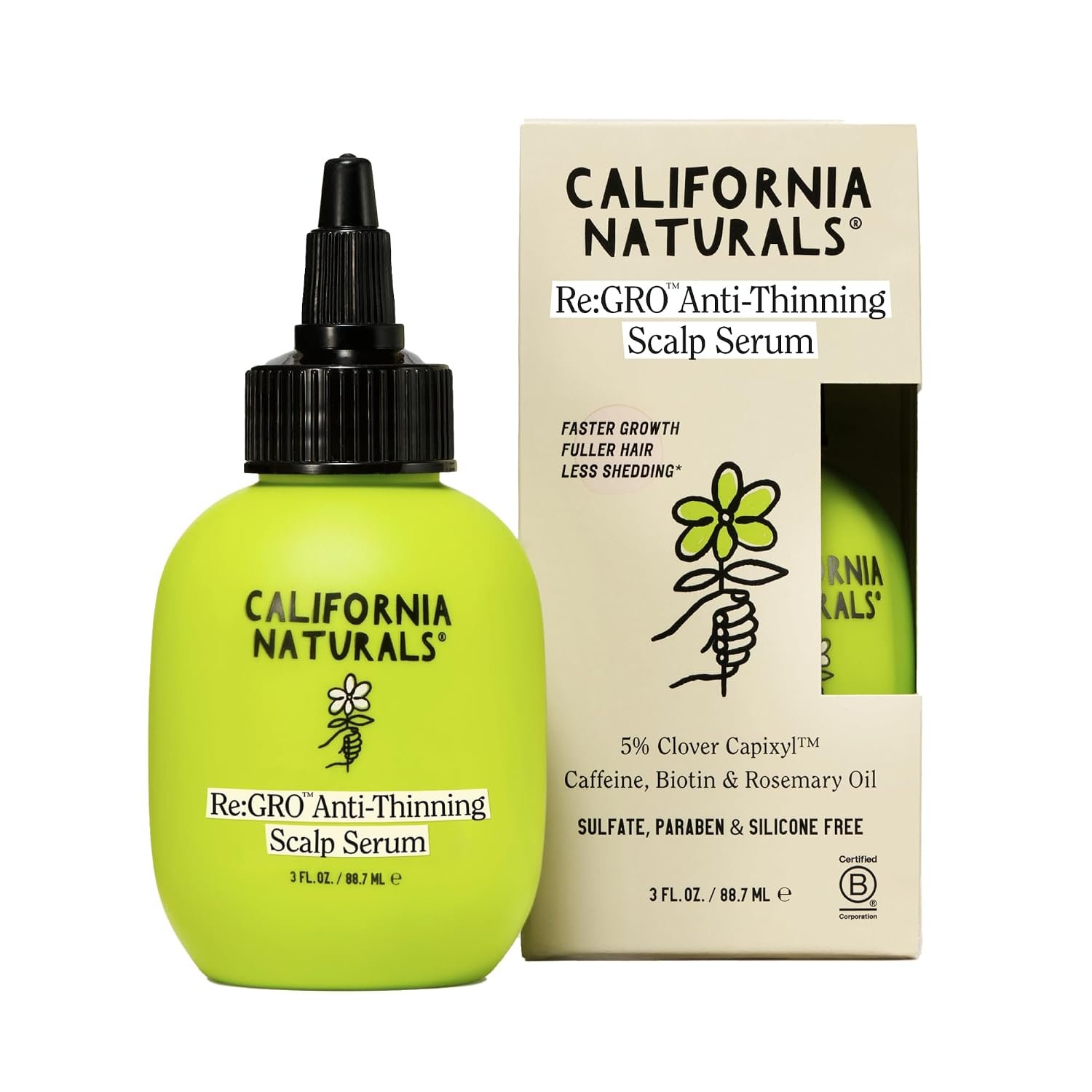 71ZjNmd4O3L._SL1500_.jpg California Naturals Women's ReGRO Anti-Thinning Scalp Serum, 5% Capixyl with Biotin, Caffeine & Castor and Rosemary Oil, Non-Sticky Cooling Formula, Vegan & Cruelty Free, 3oz - Image 1