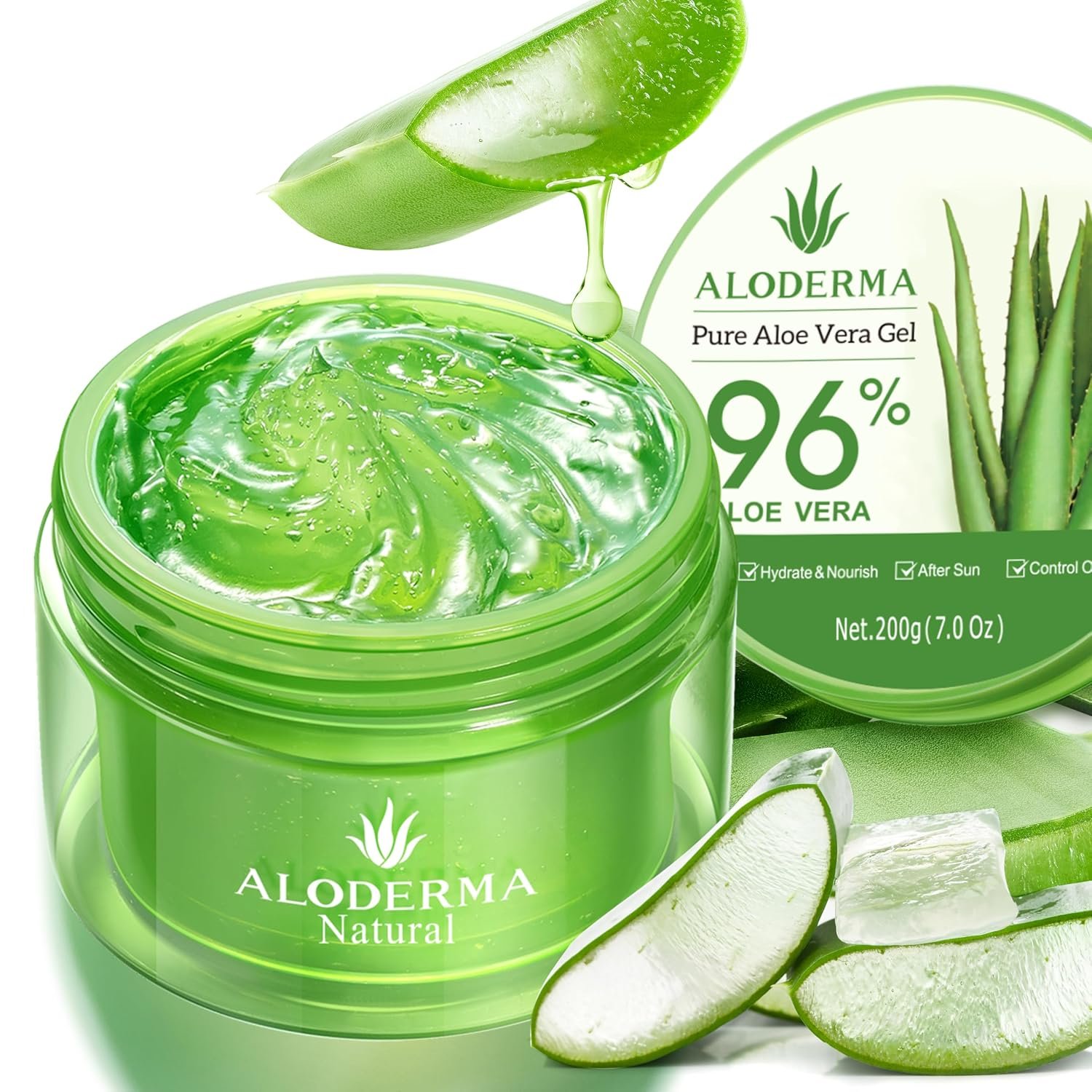 81iz9Osu4dL._SL1500_.jpg Aloderma Aloe Vera Gel Made within 12 Hours of Harvest with 96% Pure Organic Aloe Vera for Skin, Scalp, & Hair, Soothing Aloe Face Moisturizer, Multipurpose, Hydrating Aloe Gel, 7.05oz - Image 1