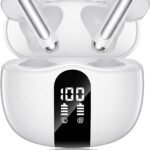 Wireless Earbuds, 2026 Bluetooth 5.4 Headphones Bass Stereo Ear Buds with Noise Cancelling Mic, LED Display in Ear Earphones 50H Playtime Ear Buds, IP7 Waterproof for Laptop Pad Phones Satin White