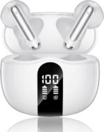 Wireless Earbuds, 2026 Bluetooth 5.4 Headphones Bass Stereo Ear Buds with Noise Cancelling Mic, LED Display in Ear Earphones 50H Playtime Ear Buds, IP7 Waterproof for Laptop Pad Phones Satin White