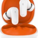 Awdio Bots Classic Series Wireless Earbuds, Small Mini Bluetooth in Ear Headphones with Microphone, Comfort Fit for Small Ears, Long Battery Life 28H Playtime, USB-C Case, for School, Orange and White
