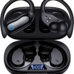 GNMN Active Noise Cancelling Ear Buds Wireless Earbuds 96hrs Playback Bluetooth Headphones Dual Battery Display Stereo Bass Earphones with Earhooks Microphone IPX7 Waterproof for Sports/Runing/Workout