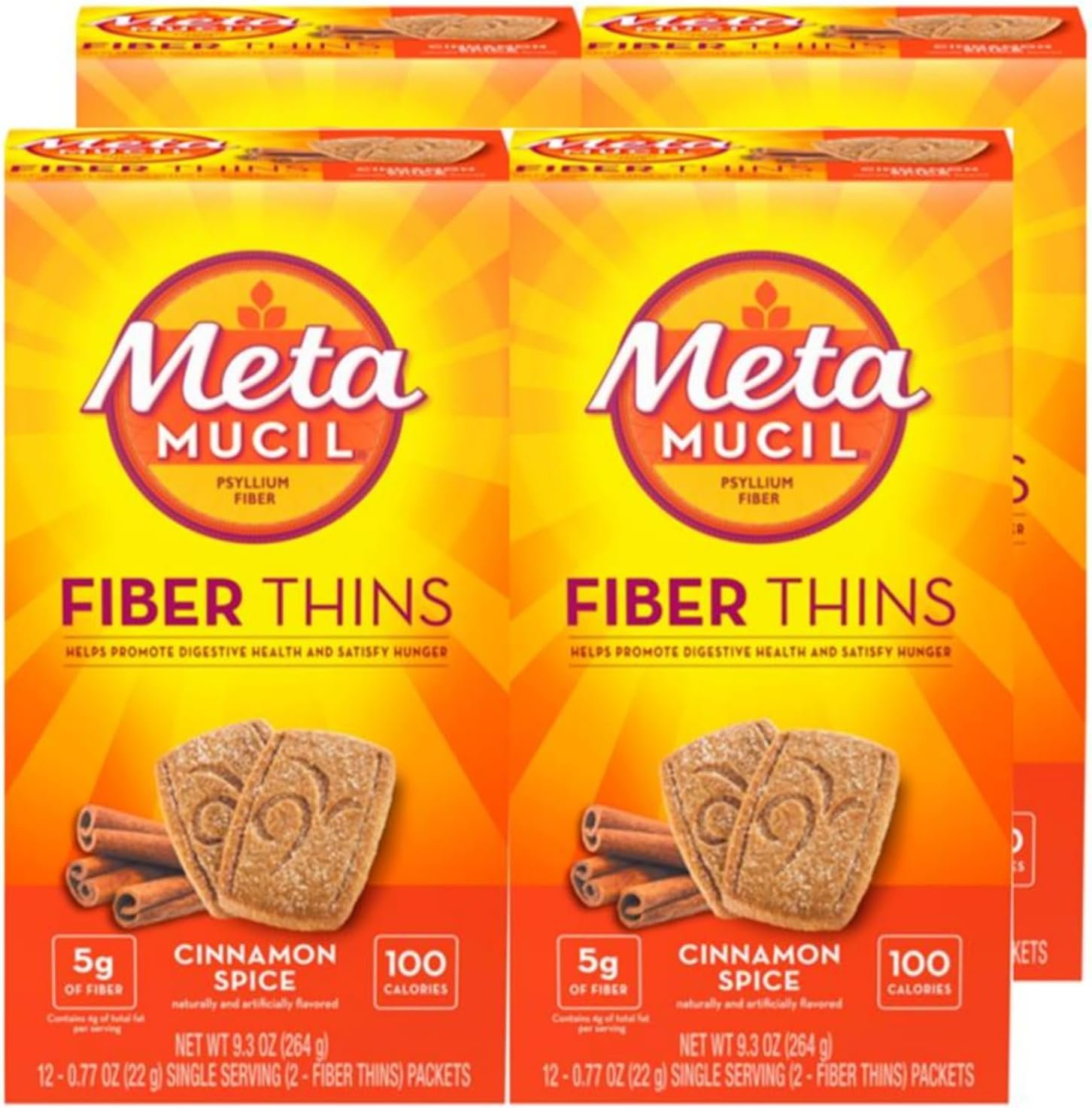 71P8nh5oAxL._AC_SL1500_.jpg Metamucil Fiber Thins, Daily Fiber Supplement Snack, Psyllium Husk Powder, 5g Fiber per Serving, Supports Digestive Health and Satisfies Hunger, Cinnamon Spice Flavor, pack of 4, 12 Servings each - Image 1