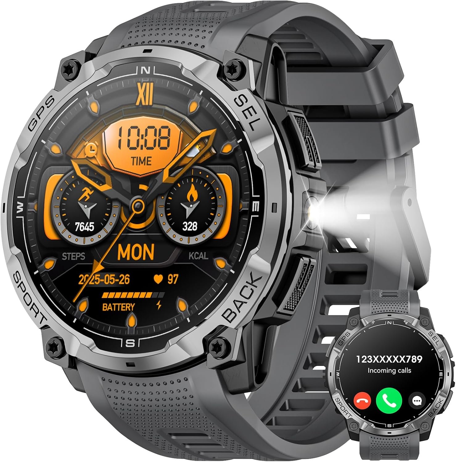 71WwgJfcLyL._AC_SL1500_.jpg Military Smart Watch for Men with GPS, 1.43" AMOLED Bluetooth Call, LED Flashlight, Rugged Tactical Watch for Android iOS, 3ATM Waterproof Fitness Tracker with Heart Rate Pedometer - Image 1