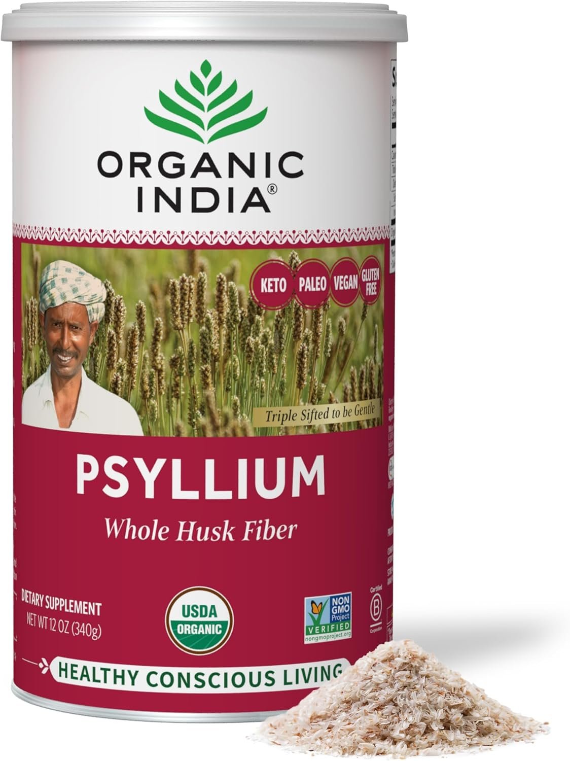 71v6gg1W5ZL._AC_SL1500_.jpg Organic India Whole Psyllium Husk Powder Organic, Vegan, 12 oz (Pack of 1) - Image 1