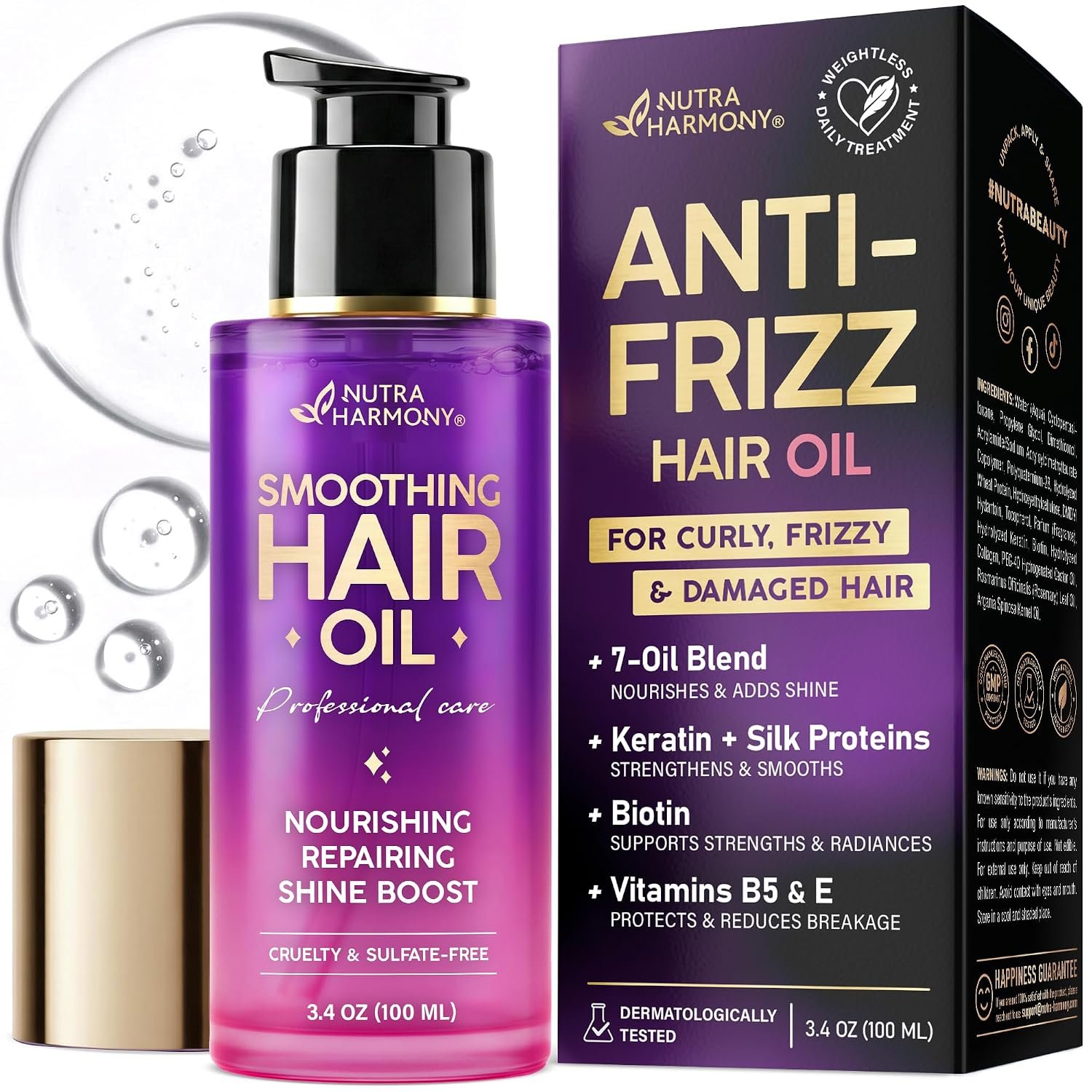 81DQEOt057L._SL1500_.jpg Anti-Frizz Hair Oil for Dry, Curly & Damaged Hair – Hair Treatment, 3.4oz - Image 1